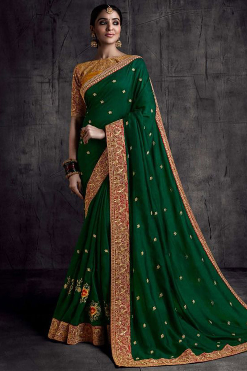 Dark Green With Red Border Silk Traditional Saree – paanericlothing