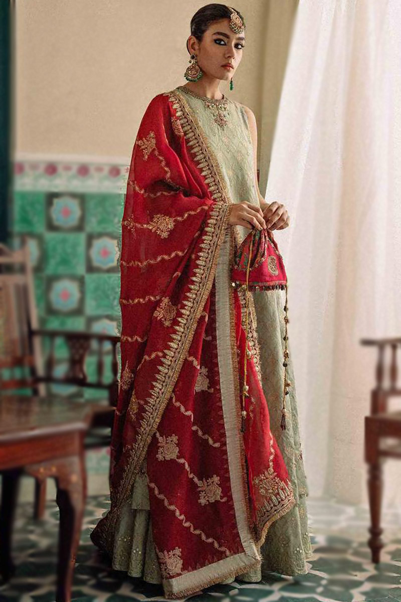 Zari Embroidered Silk Greenish Grey Lehenga