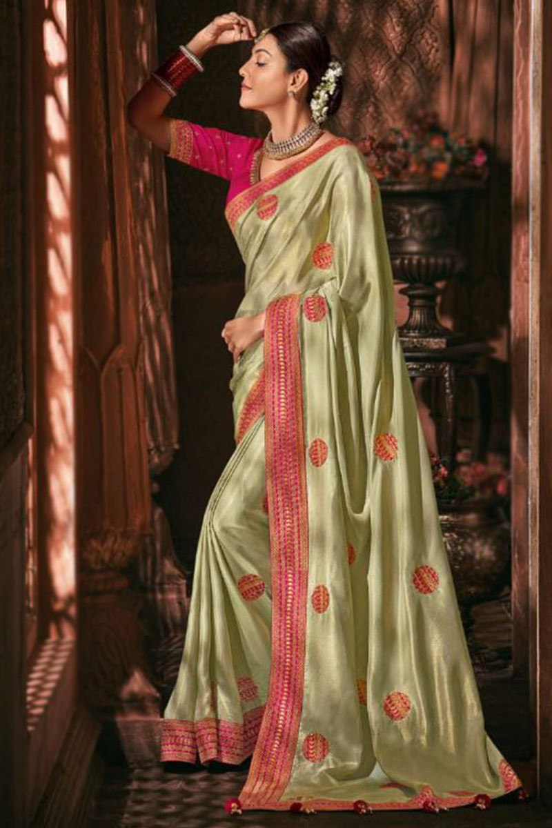 Zari Embroidered Silk Light Green Indian Wedding Saree