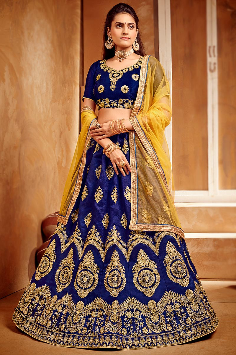Navy Blue And Gold Banarasi Silk Woven Lehenga Choli With Dupatta