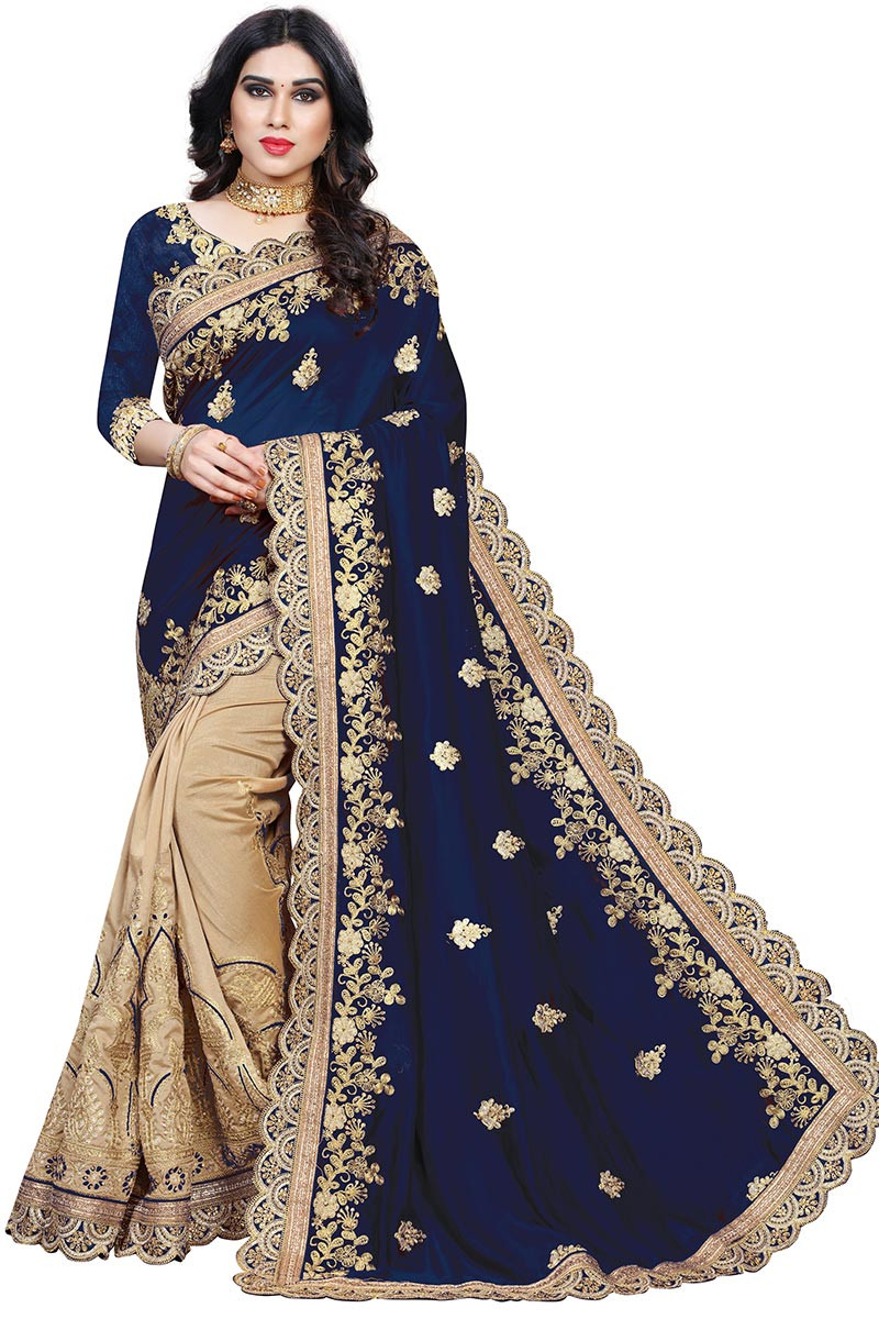 Navy blue Embroidered Georgette Saree