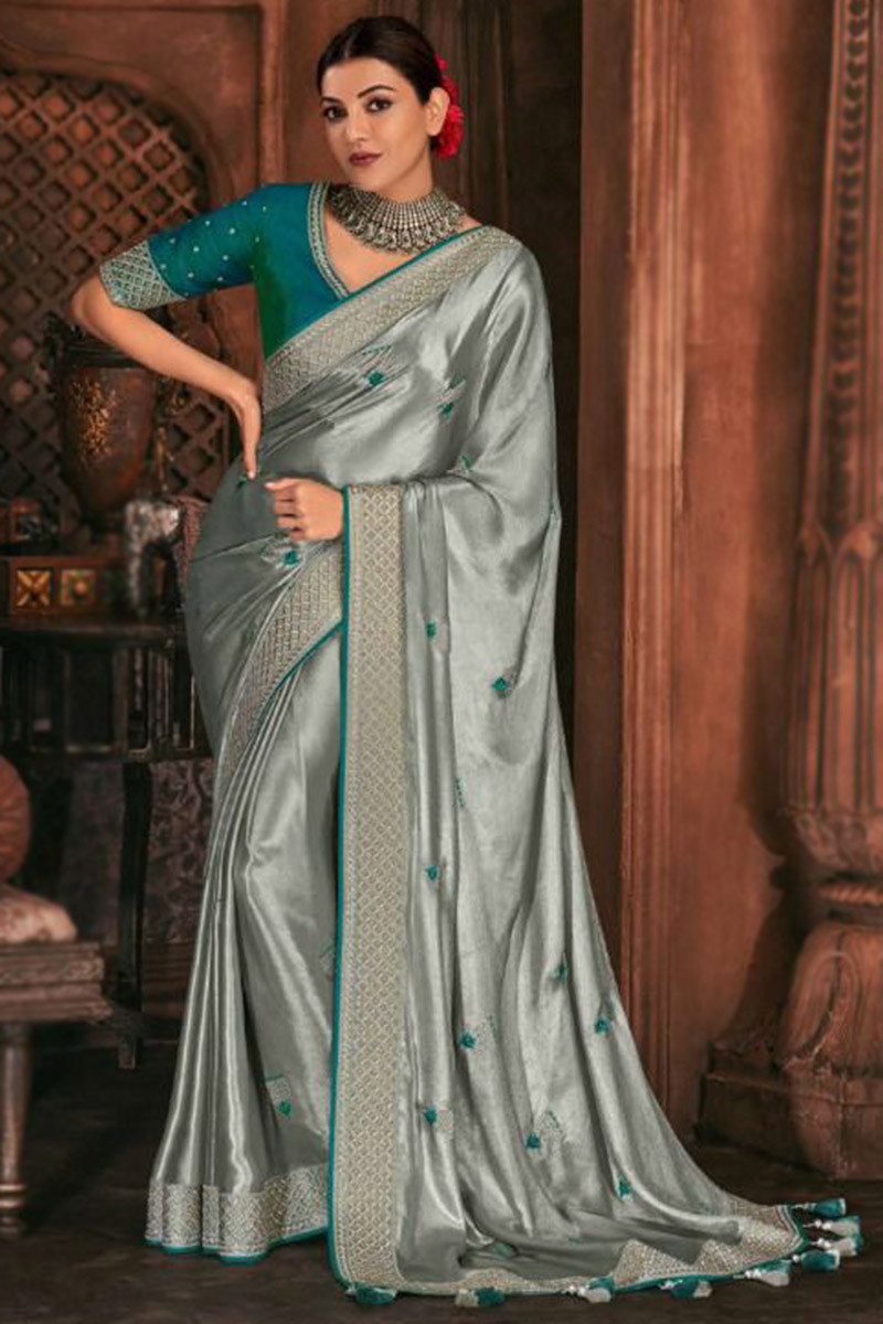 Silver colour wedding saree hot sale