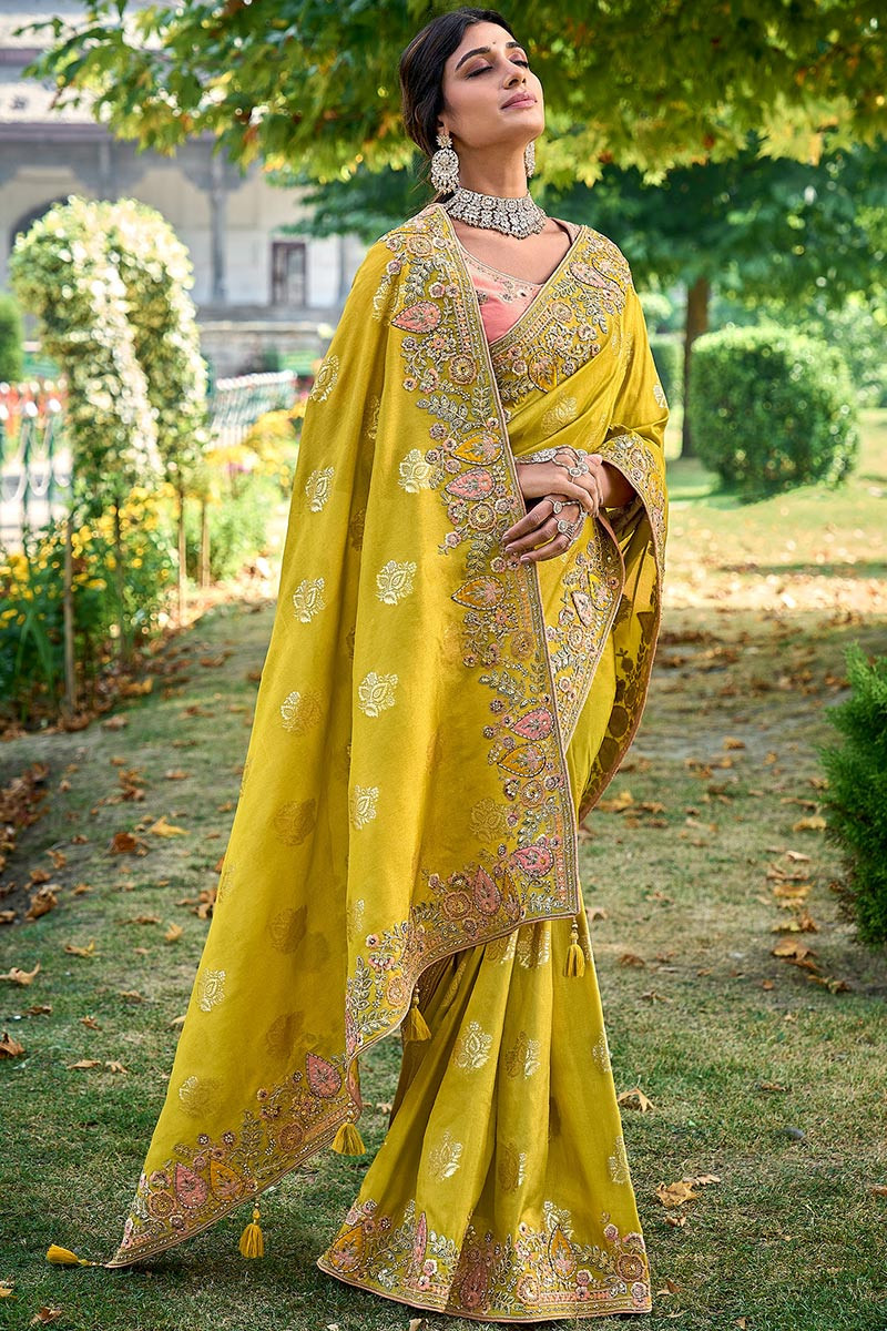Zari Embroidered Turmeric Yellow Silk Wedding Wear Saree SARV167895
