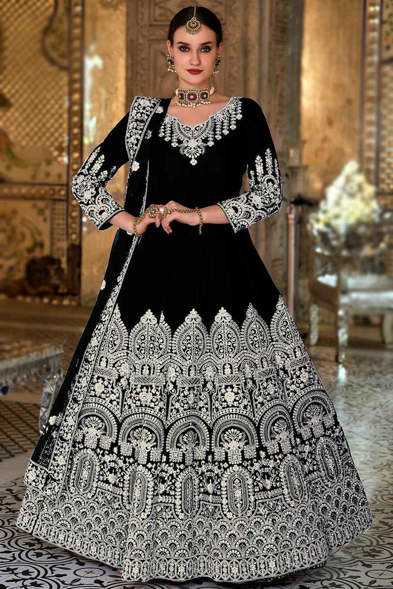 Zari Embroidered Velvet Black Anarkali Suit