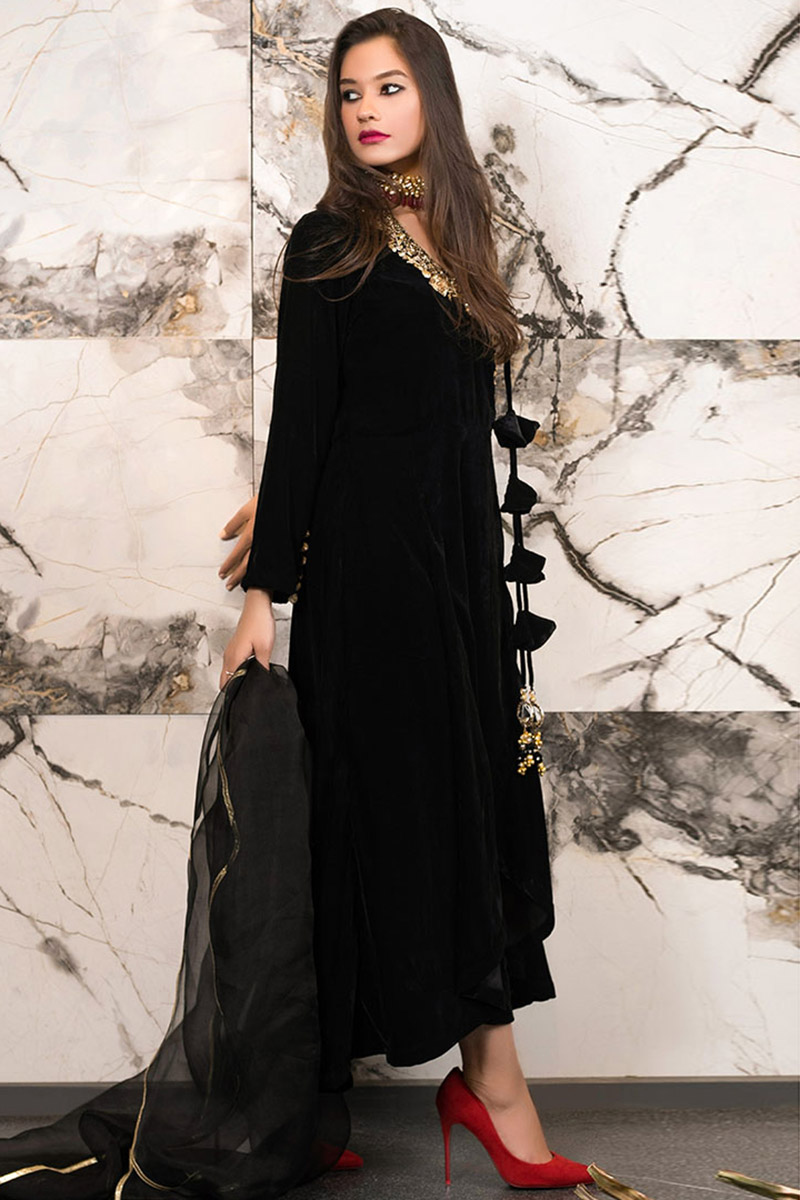 Zari Embroidered Velvet Black Angrakha Style Trouser Suit