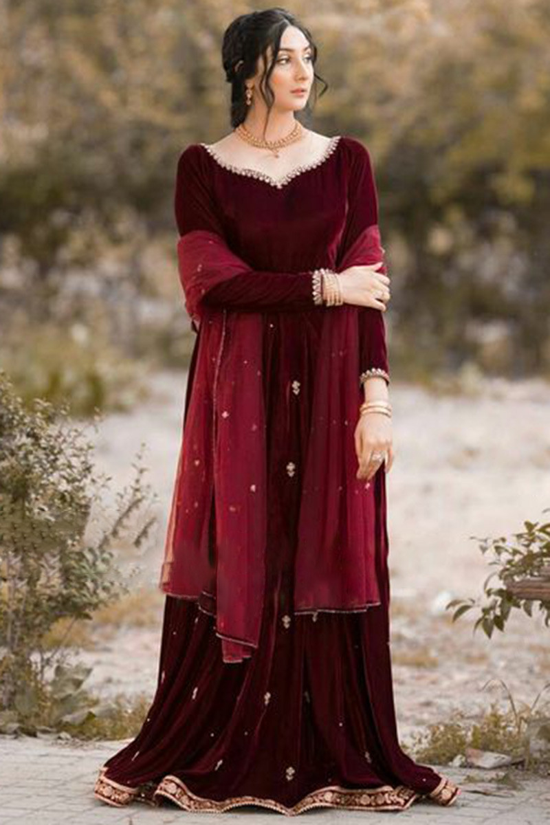 Deep Maroon Beaded & Feathered Anarkali Gown – Preserve