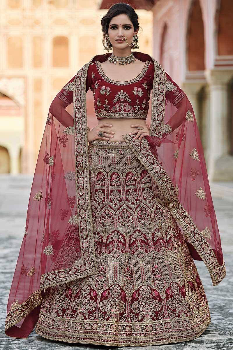 Velvet Maroon Zari Embroidered Party Wear Lehenga