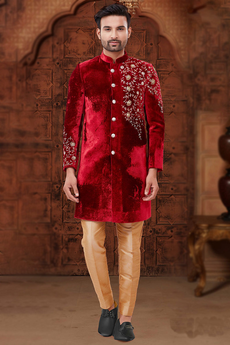 HOUSE OF DEYANN Jacquard Silk Woven Design Sherwani With trouser Set For  Men - Deyann