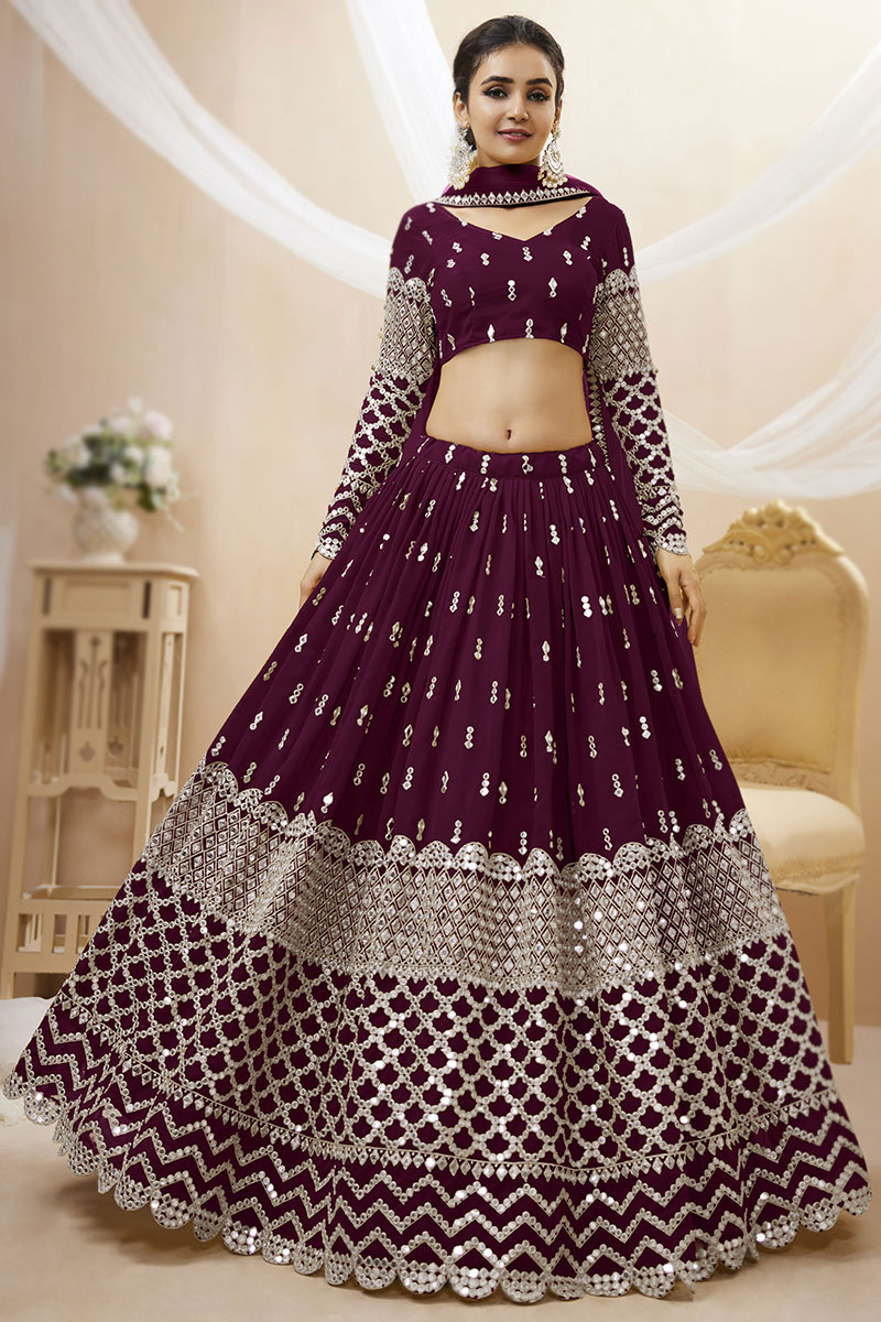 Zari Embroidered Wine Maroon Lehenga