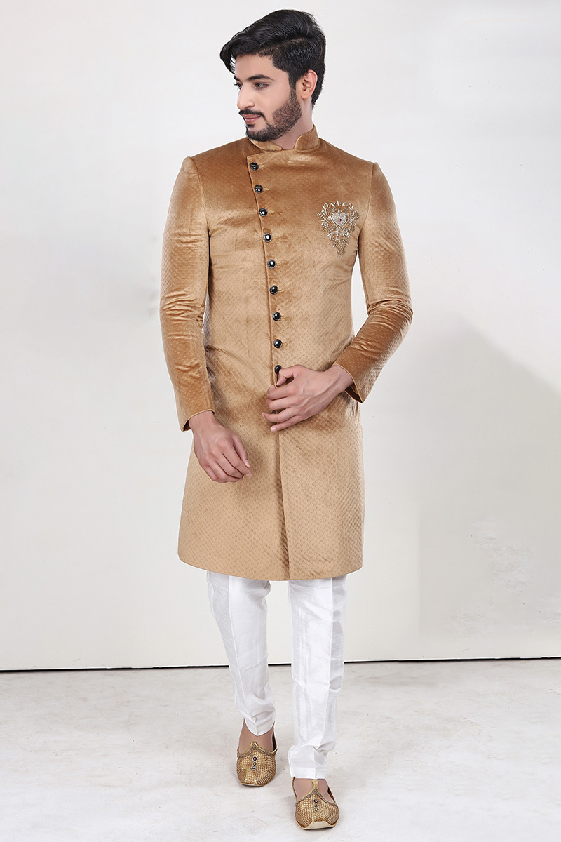 Zari Resham Embroidered Velvet Chikko Brown Men Sherwani
