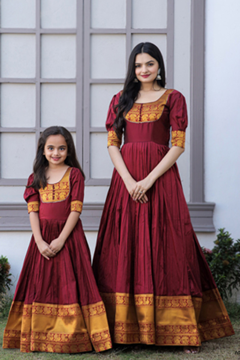 Fabric: Georgette Pattern: Embroidered Red Color Mother-Daughter
