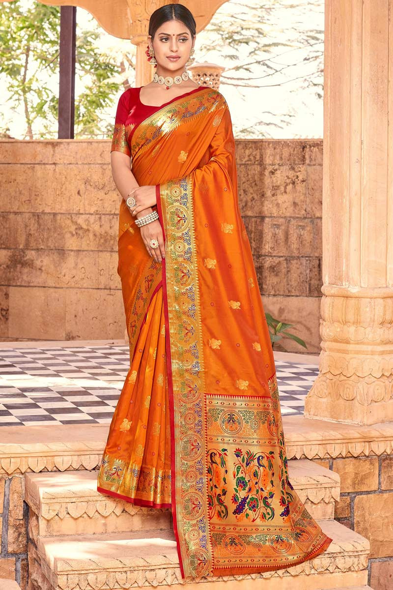 Soft Silk Carrot Orange Wedding Wear Saree