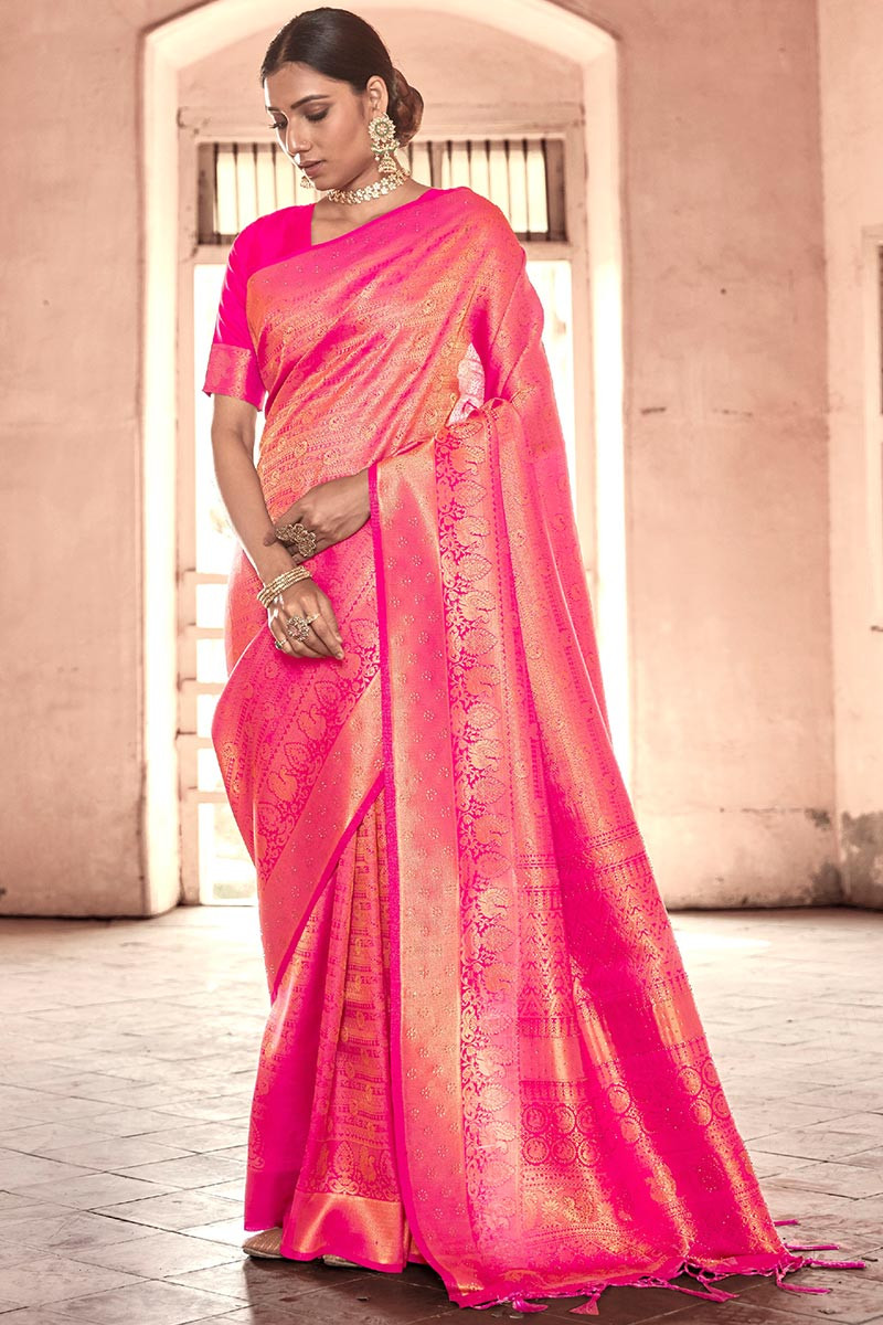 Shopping Online Zari Weaved Silk Rani Pink Saree