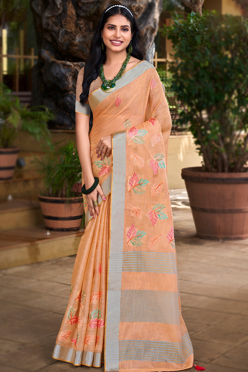 Zari Weaved Linen Peach Light Weight Saree