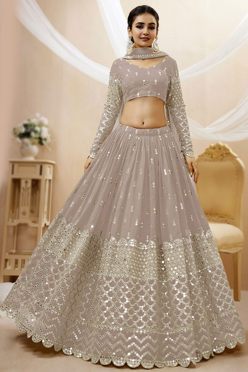 Zari Work Embroidered Georgette Grey Beige Lehenga 
