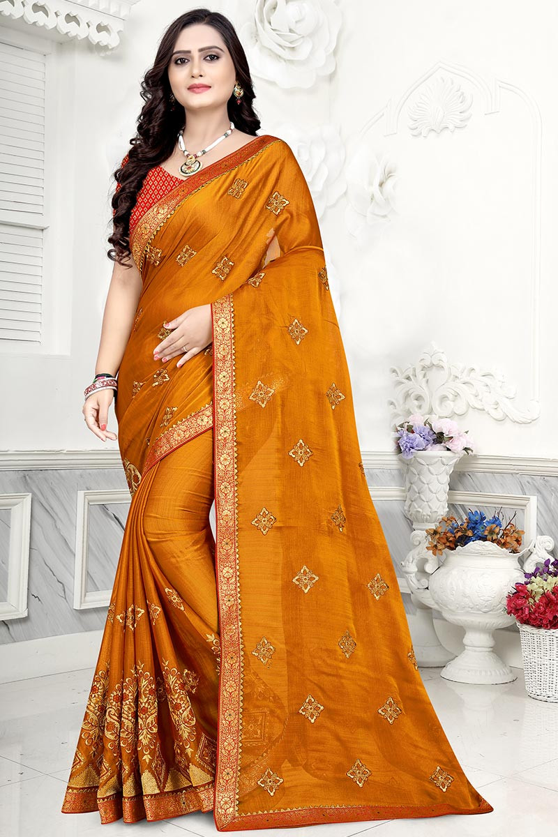 Chiffon Brasso Creaper Light And Dark Yellow Saree