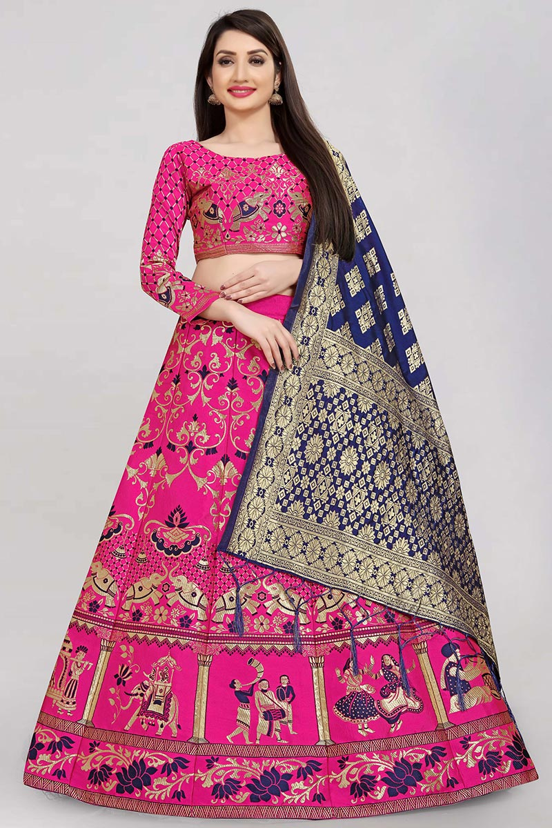 Zari Woven Banarasi Silk Cerise Pink Lehenga