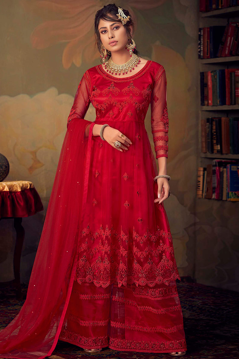 red colour net frock