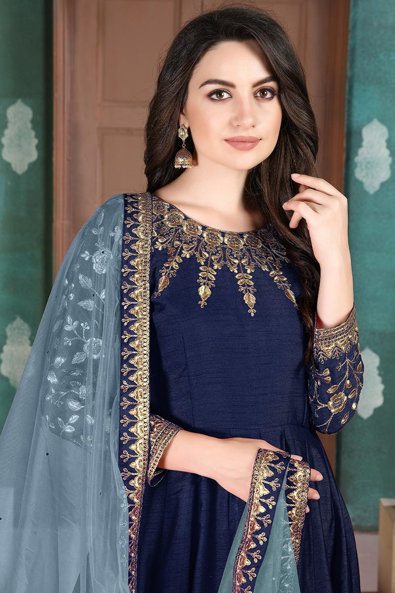 Anarkali Suit in Navy Blue Embroidered Fabric LSTV06842