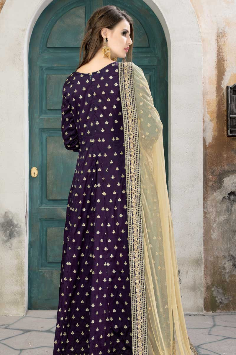 Elegant Silk And Taffeta Anarkali Suit In Eggplant Purple Color | LSTV0265
