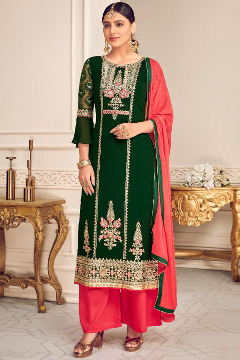 Online Shop Palazzo Suit in Dark Green Embroidered Fabric LSTV06886
