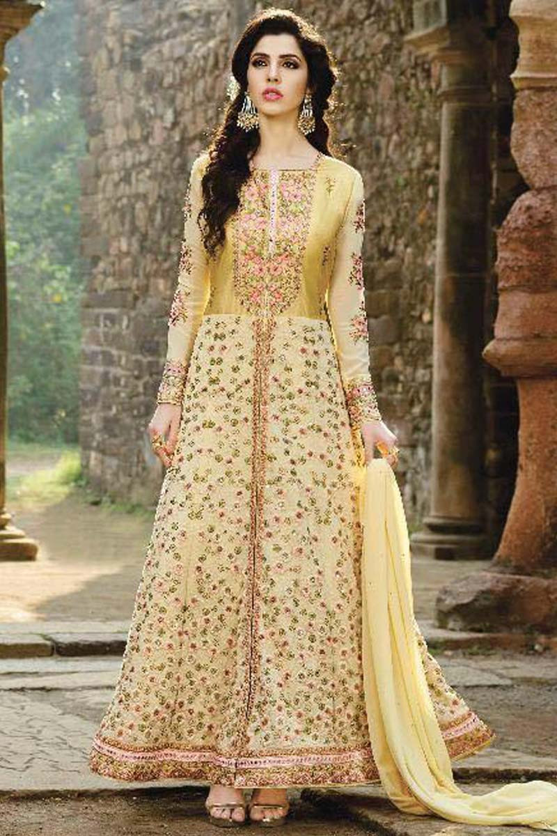 Buy Attractive Yellow Satin And Silk Anarkalii Suit With Resham Work ...