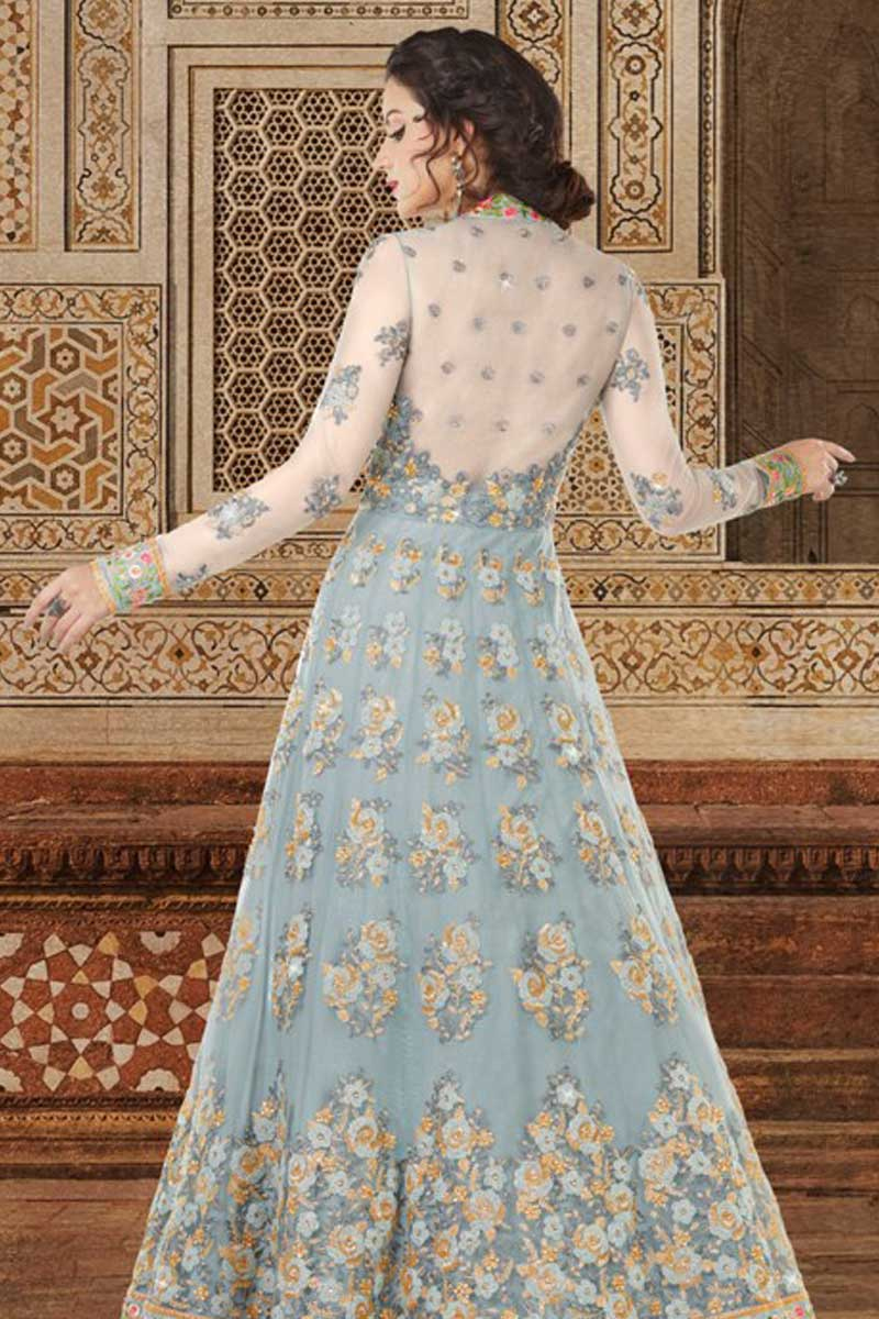 Buy Anarkali Suit In Light Steel Blue Color With Resham Embroidered