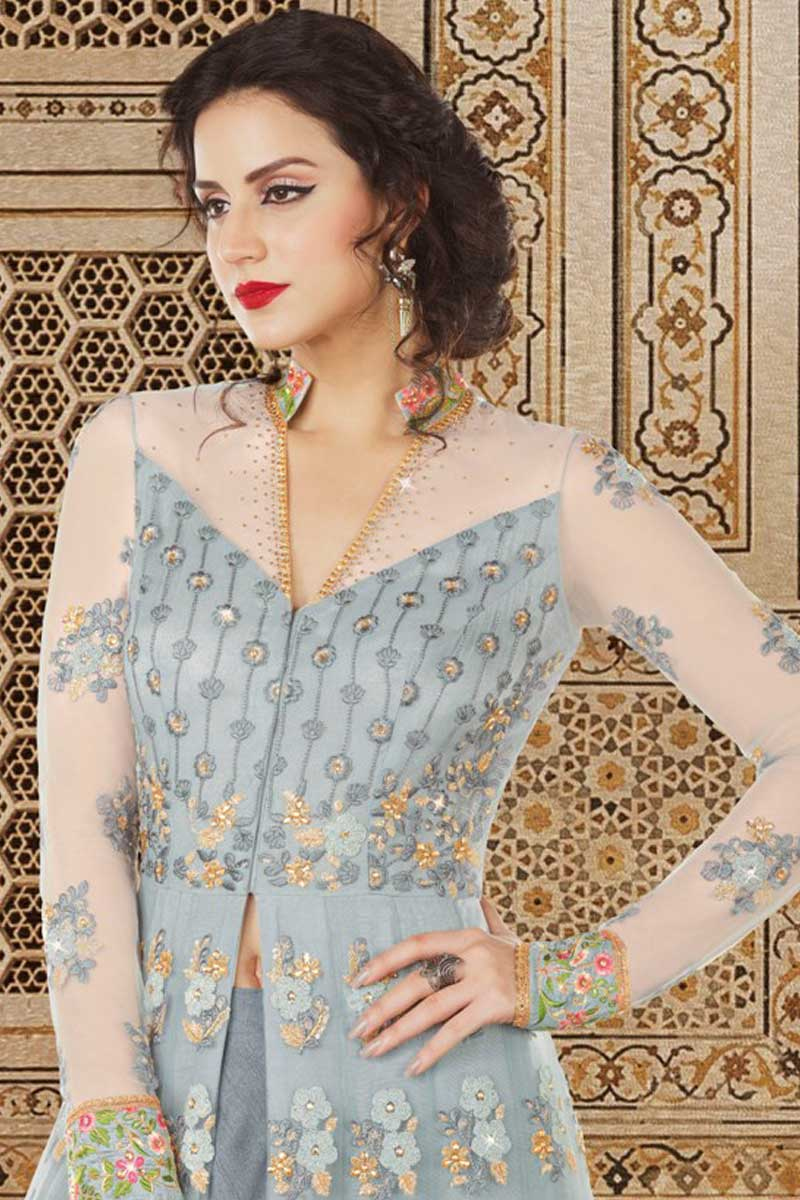 Buy Anarkali Suit In Light Steel Blue Color With Resham Embroidered
