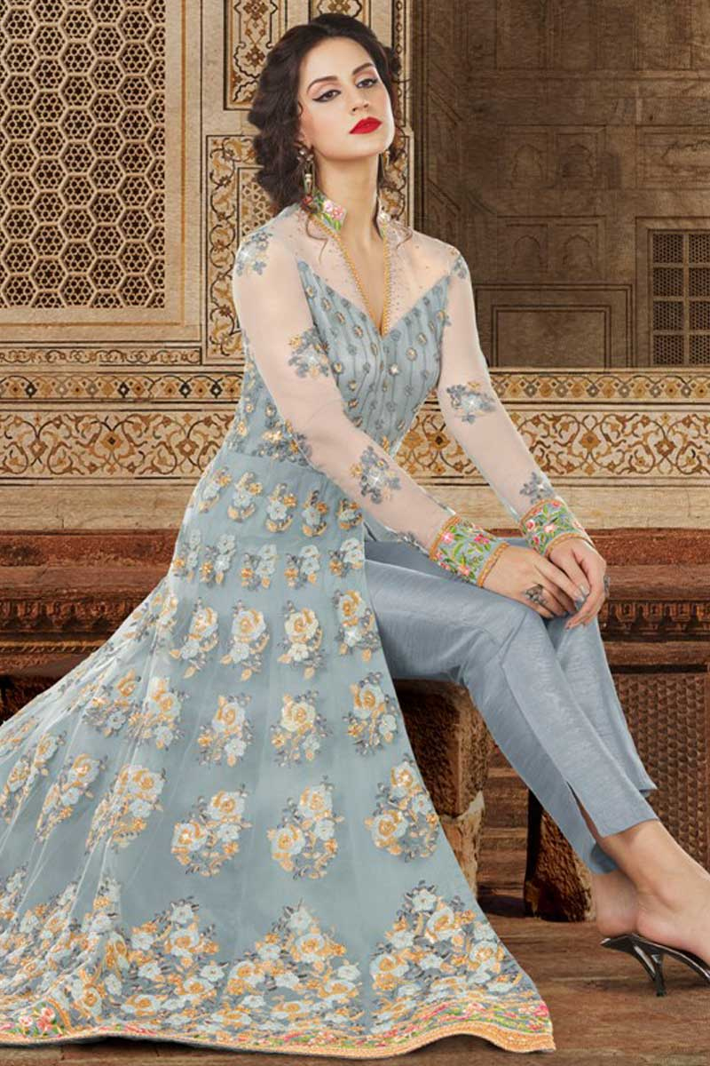 Buy Anarkali Suit In Light Steel Blue Color With Resham Embroidered