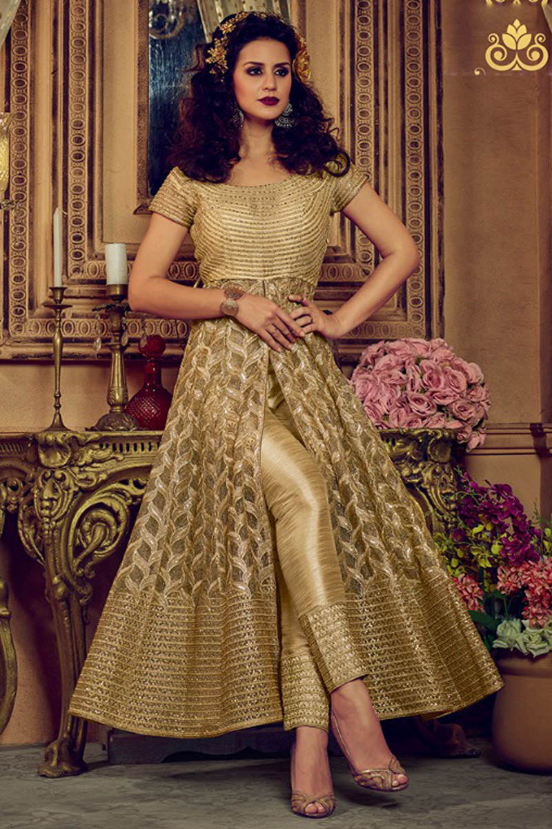 golden color anarkali dress