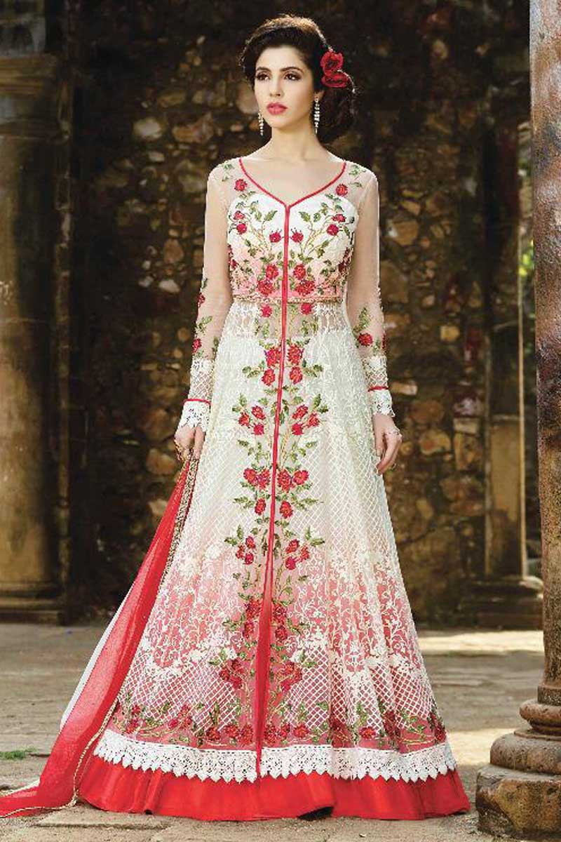 red and white anarkali suit