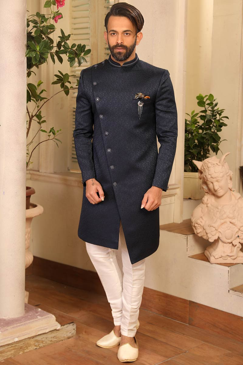 Buy Angrakha Sherwani Set in Midnight Blue Color Online - MSTV0103 ...