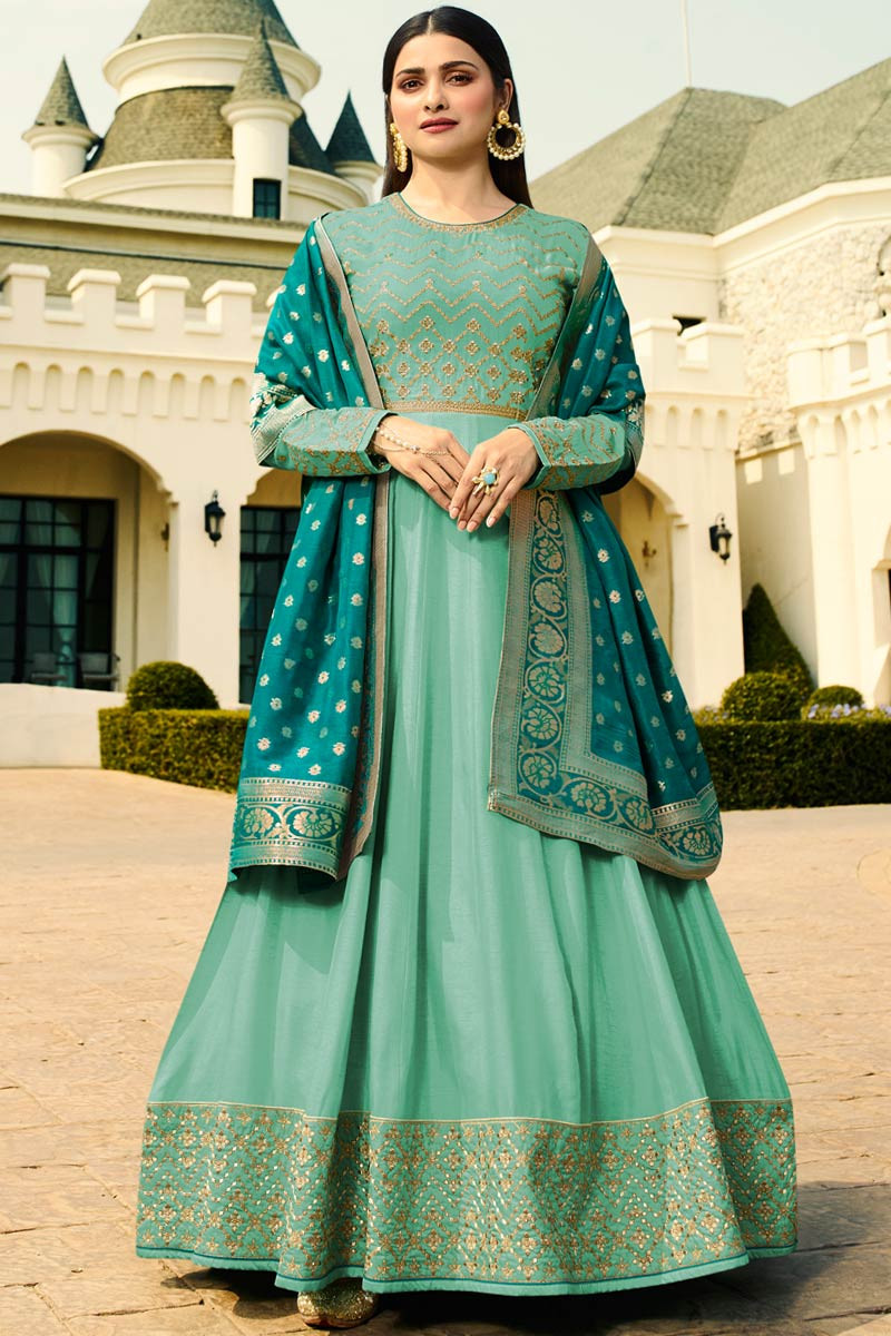 green silk anarkali