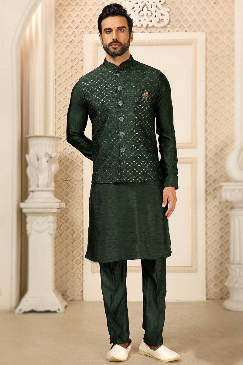 Rama Green Kurta Pajama in Silk with Multi Colored Embroidery Applique Work  Jacket