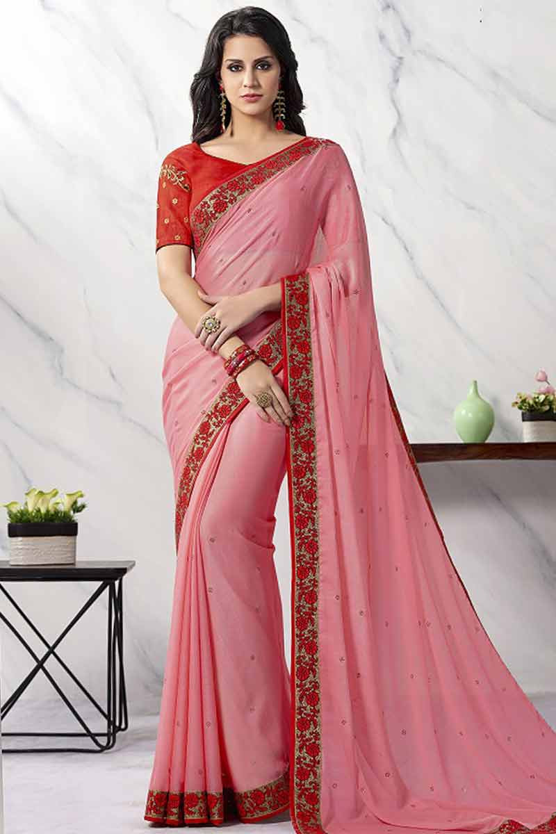 Buy Baby Pink Chiffon Saree With Banglori Silk Blouse Online Sarv01710 Andaaz Fashion #myheartentertainment#sareedesigner#sareefashion# saree fashion of indian beautiful designer saree. baby pink chiffon saree with banglori silk blouse