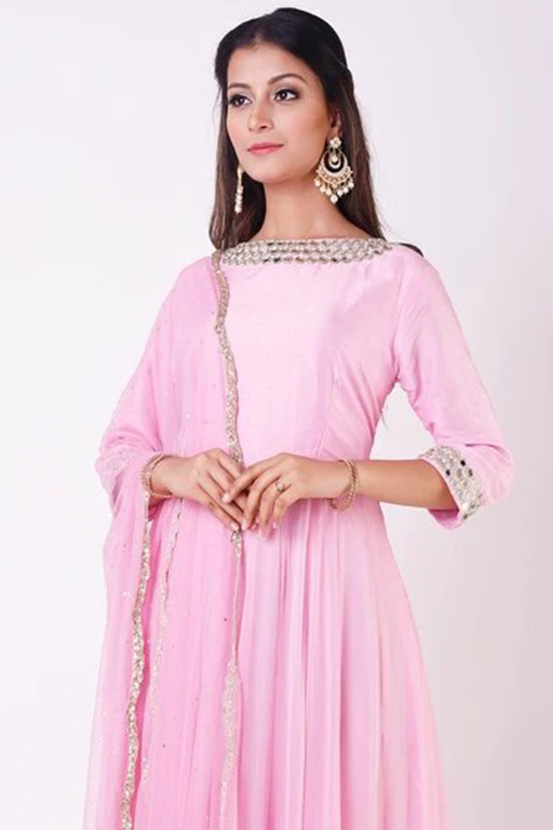 Buy Baby Pink Crepe Anarkali Suit With 