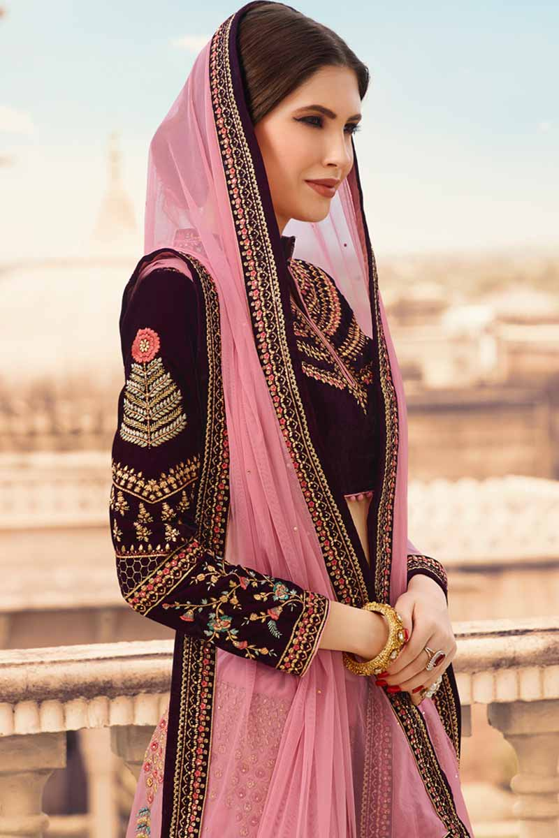 Buy Baby Pink With Dark Wine Color Lehenga With Silk Choli Online