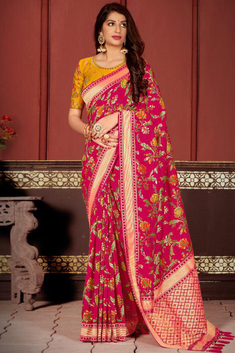 Buy Banarasi Silk Indian Party Wear Saree In Rani Pink Colour ...