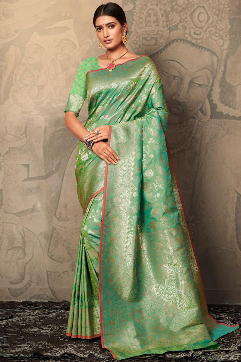 Buy Banarasi Silk Indian Wear Saree In Parrot Green Color Online -  SARV07176 | Andaaz Fashion