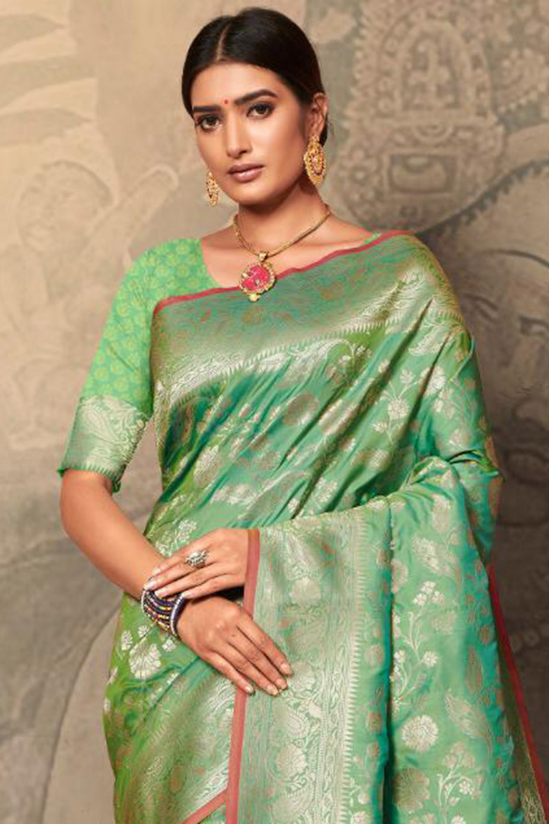 Buy Banarasi Silk Indian Wear Saree In Parrot Green Color Online ...