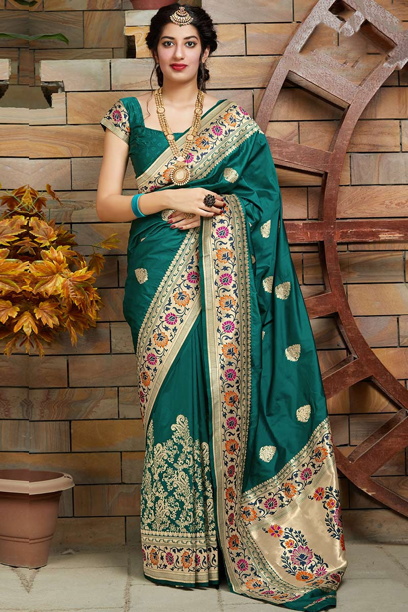 Buy Banarasi Silk Indian Wear Saree In Teal Green Color Online ...