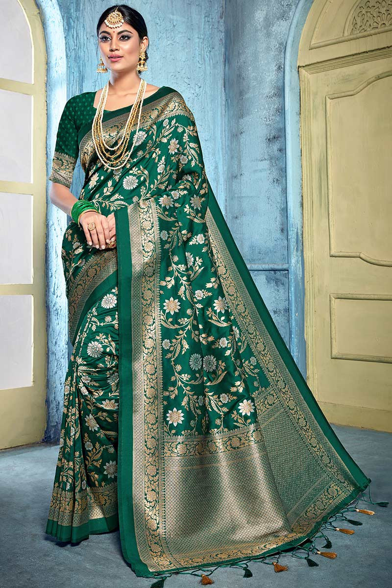 Konak Silk Saree With Banarasi Silk Blouse In Green Colour