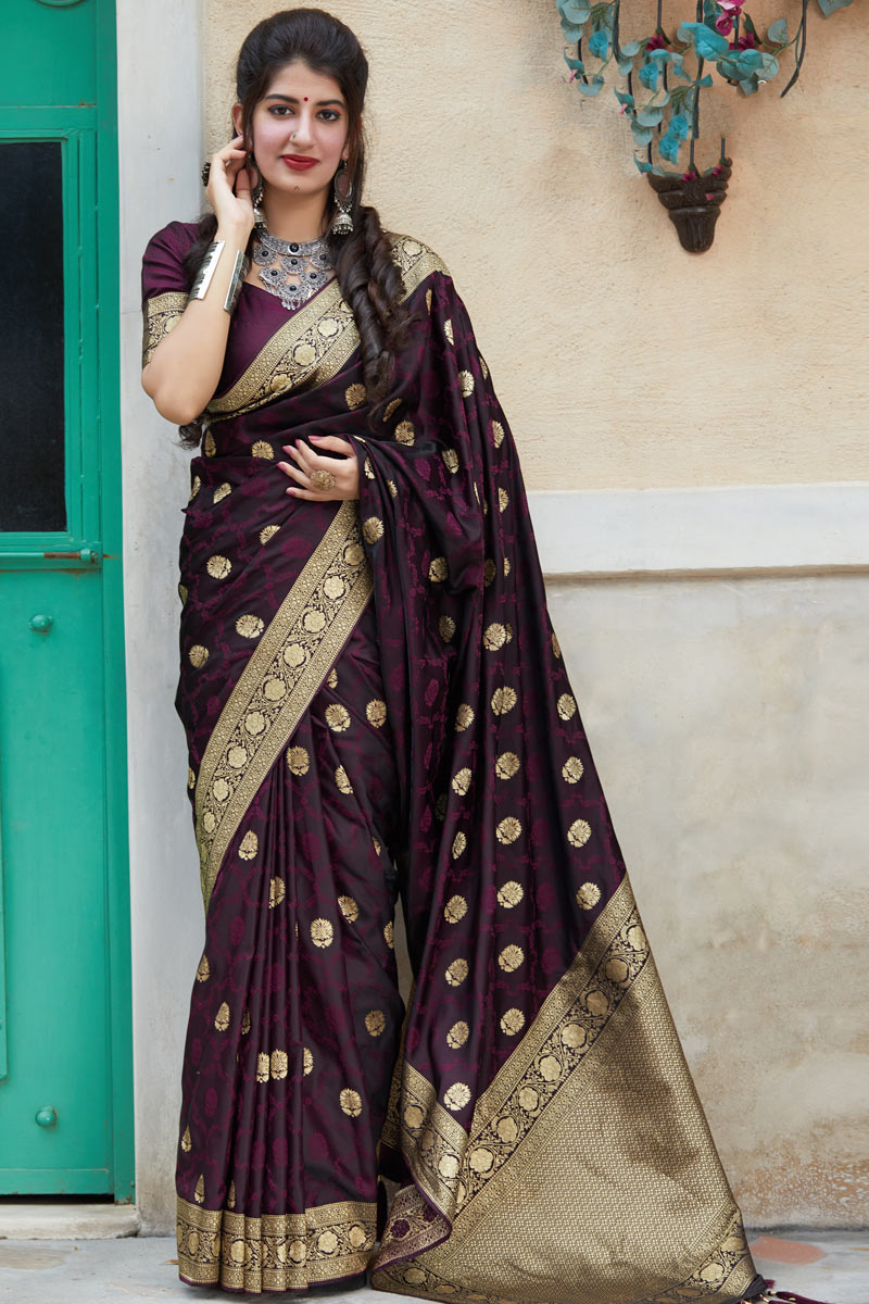 Wine colour banarasi saree clearance