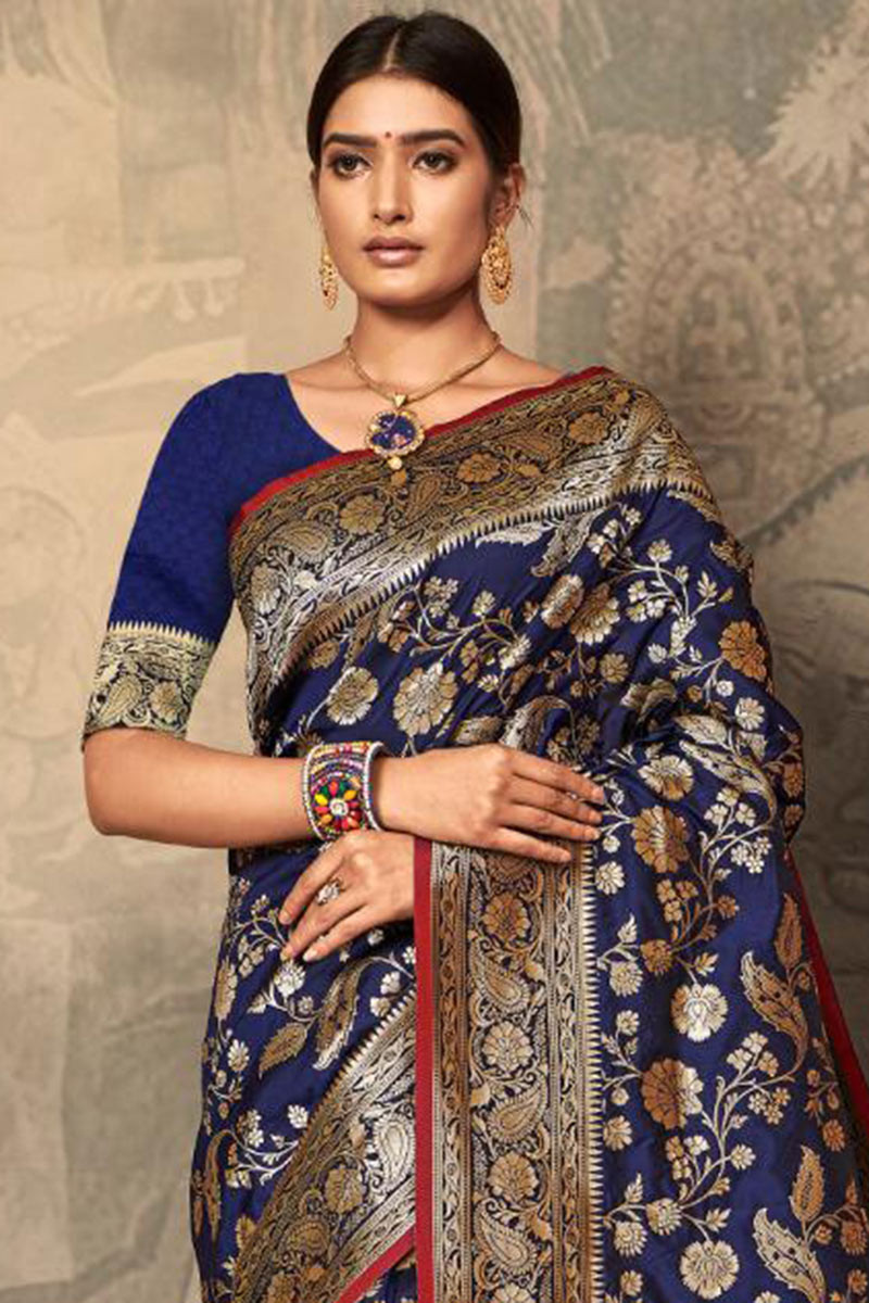 Buy Banarasi Silk Party Wear Saree In Navy Blue Color Online ...