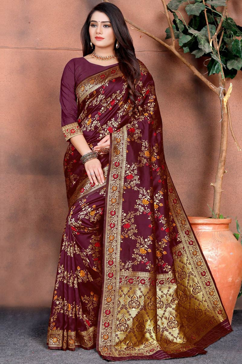 Buy Banarasi Silk Wedding Wear Saree In Wine Color Online - SARV07526 |  Andaaz Fashion
