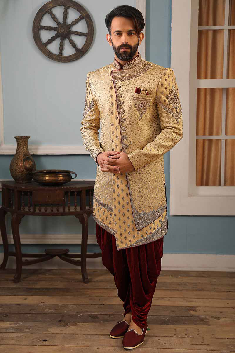 Buy Beige Dupion Silk Designer Sherwani With Dhoti Pant Online ...