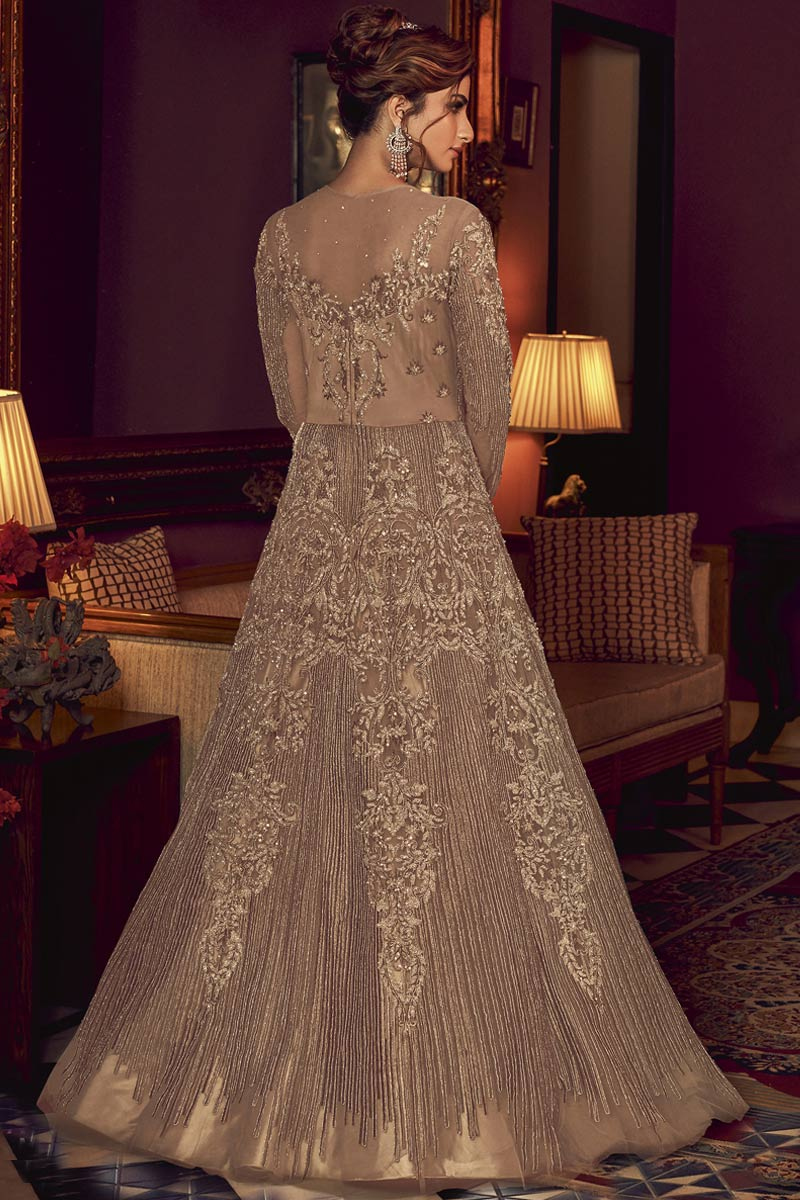 Premium Silk Beige Embroidered Wedding Wear Anarkali Suit