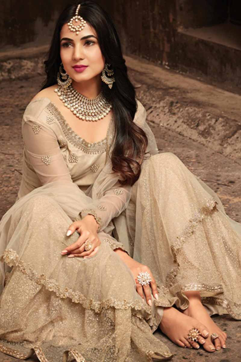 Buy Beige Net Embroidered Sharara Suit 