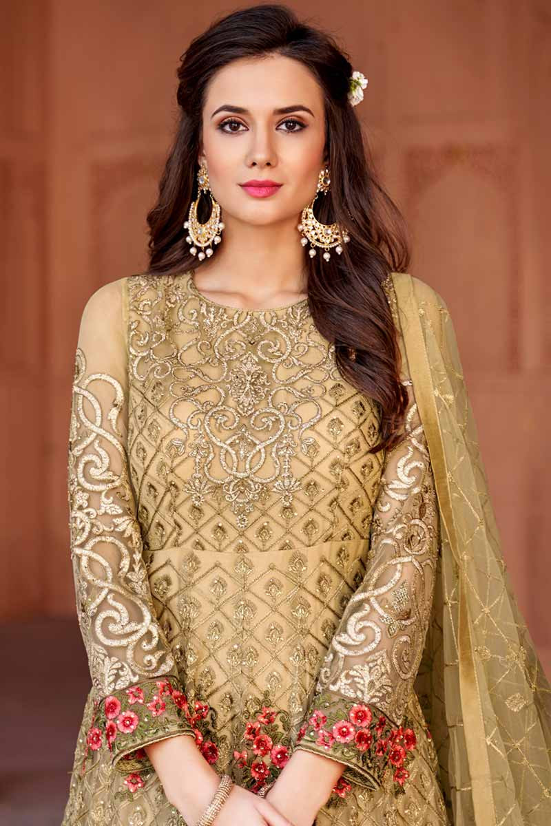 Buy Beige Yellow Anarkali Suit With Net Embroidered Online - LSTV02325 ...