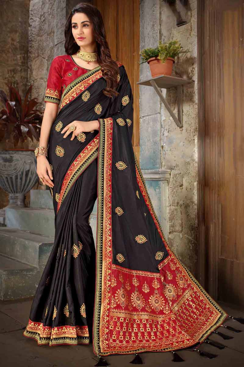Black banglori silk saree with embroidered blouse clearance